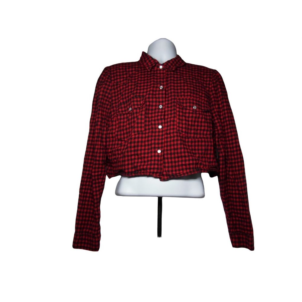 Wild Fable Women's 2XL Cropped Western Shirt Red Black Plaid Flannel Snap Button